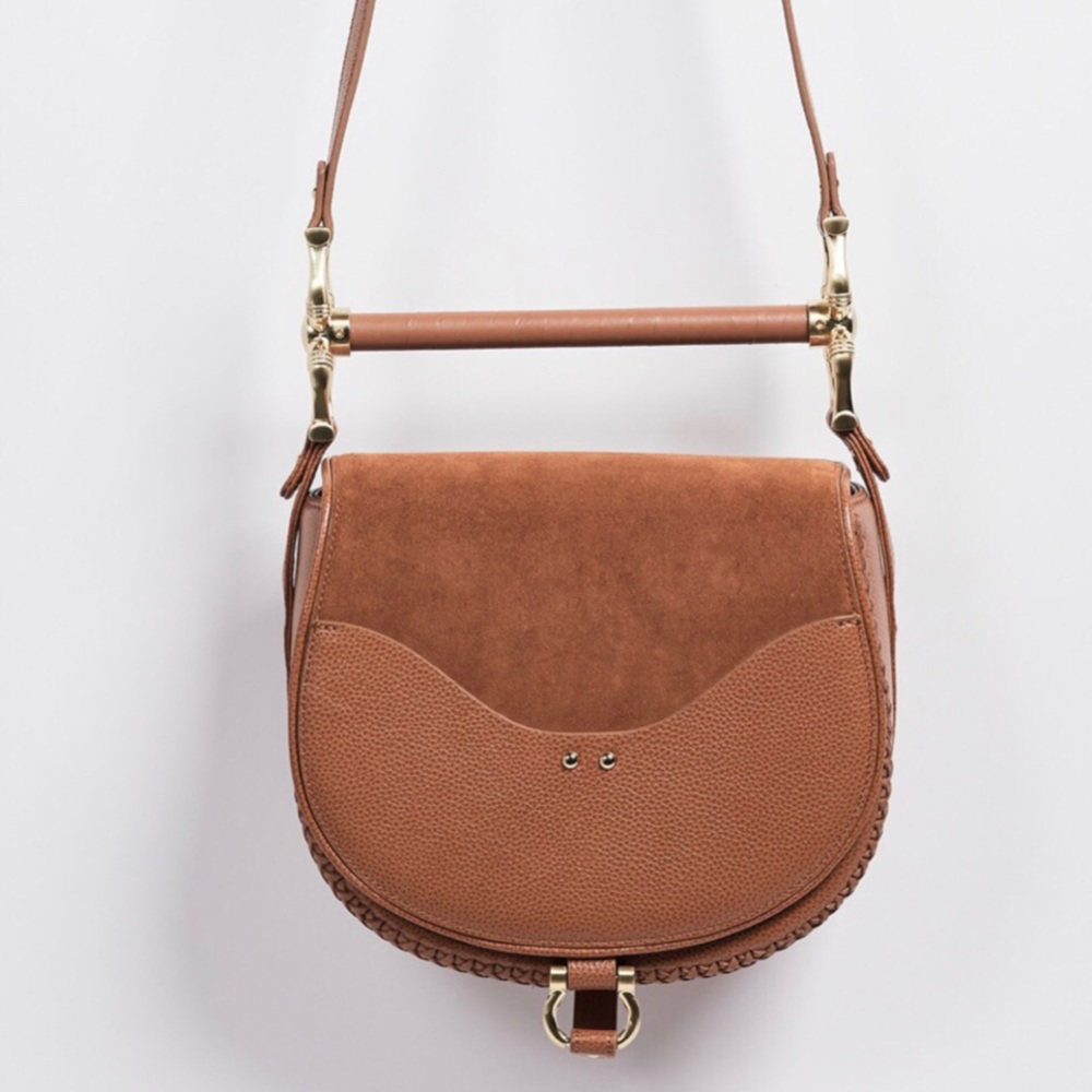 Sancia Cognac Suede Babylon Bar Bag